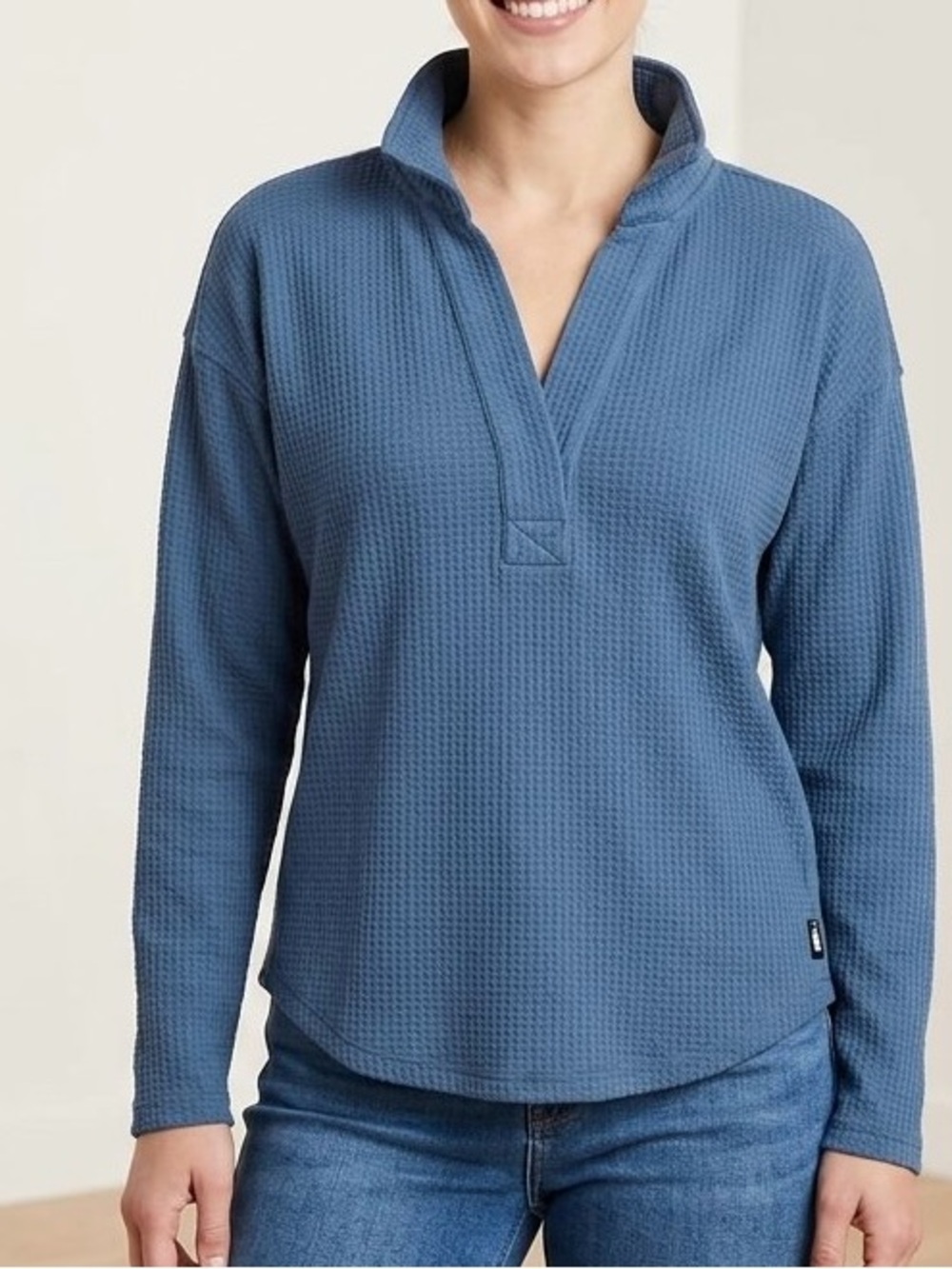 Eddie Bauer Blue Waffle Knit Thermal Pullover Split V-Neck Top Small